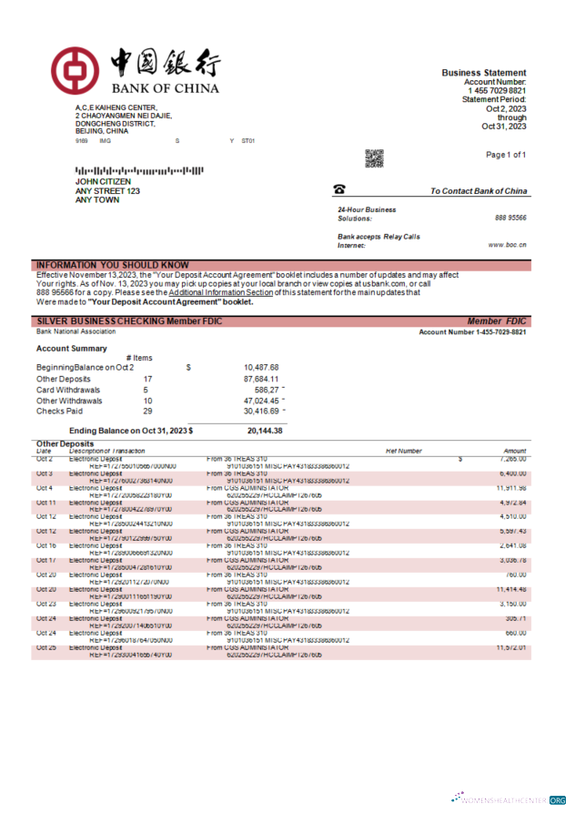 Download Bank of China enterprise statement Word and PDF template Photoshop template